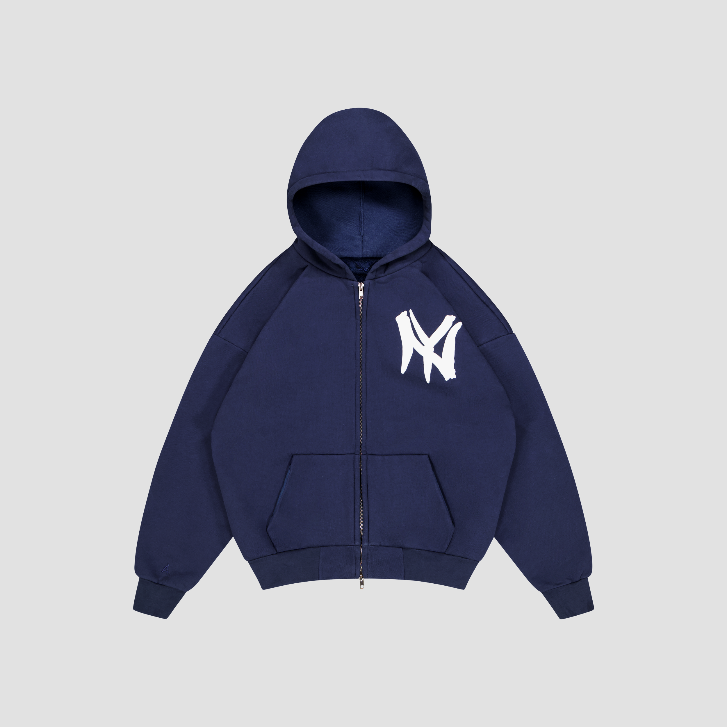 Flat Lay of Navy blue hoodie with a logo on a light gray background
