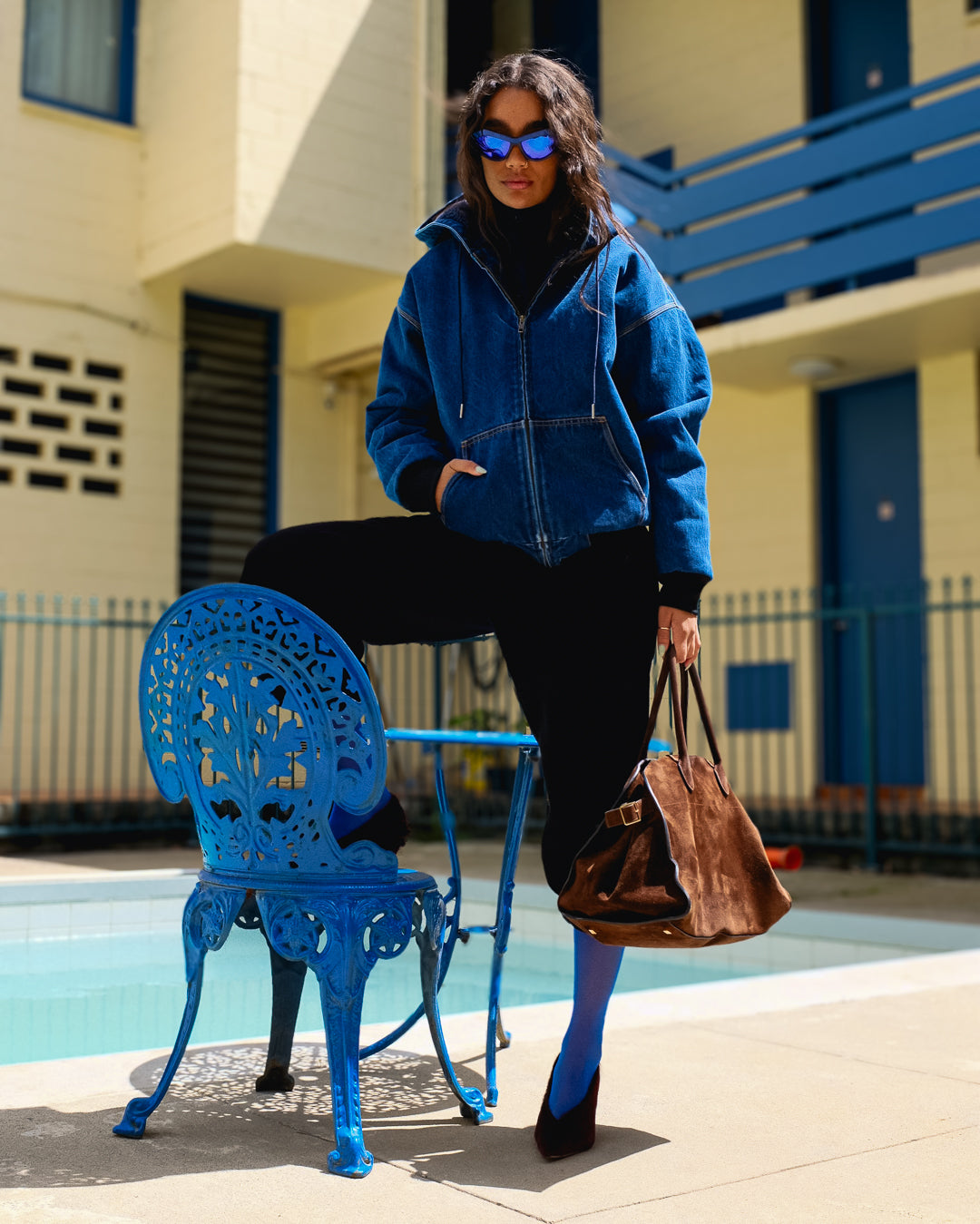 Woman Wearing Sociea Anonima Denim Hoodie