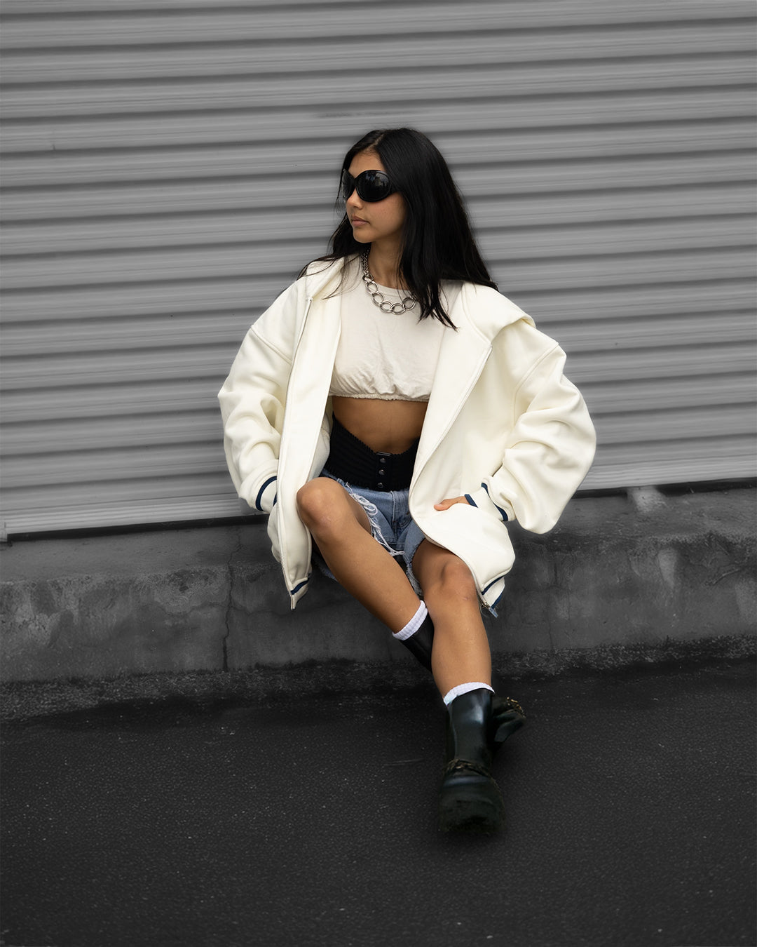 Anonima Zip-Up Hoodie - Ivory with Navy