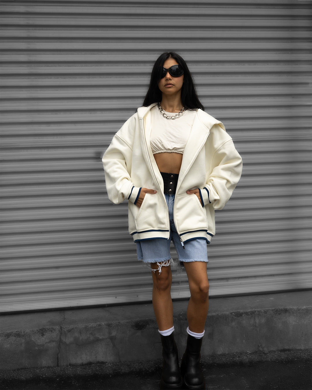 Anonima Zip-Up Hoodie - Ivory with Navy