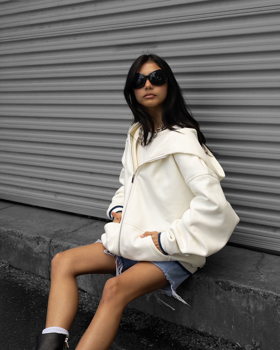 Anonima Zip-Up Hoodie - Ivory with Navy