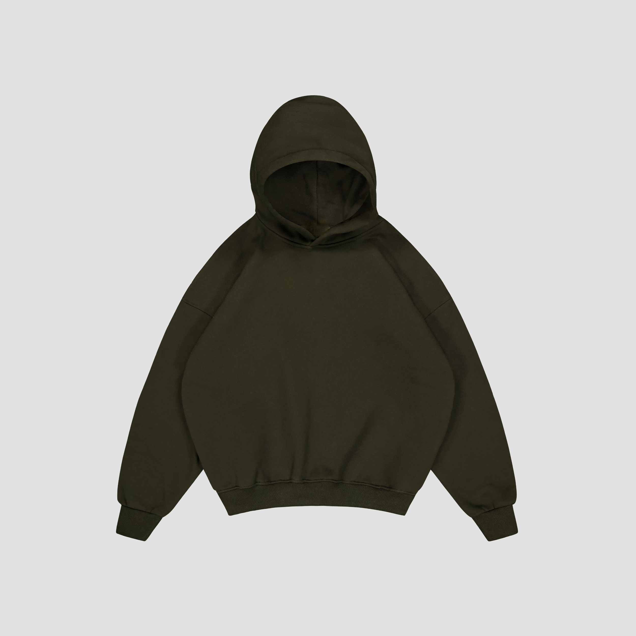 Flat Lay of Olive Green hoodie on a light gray background
