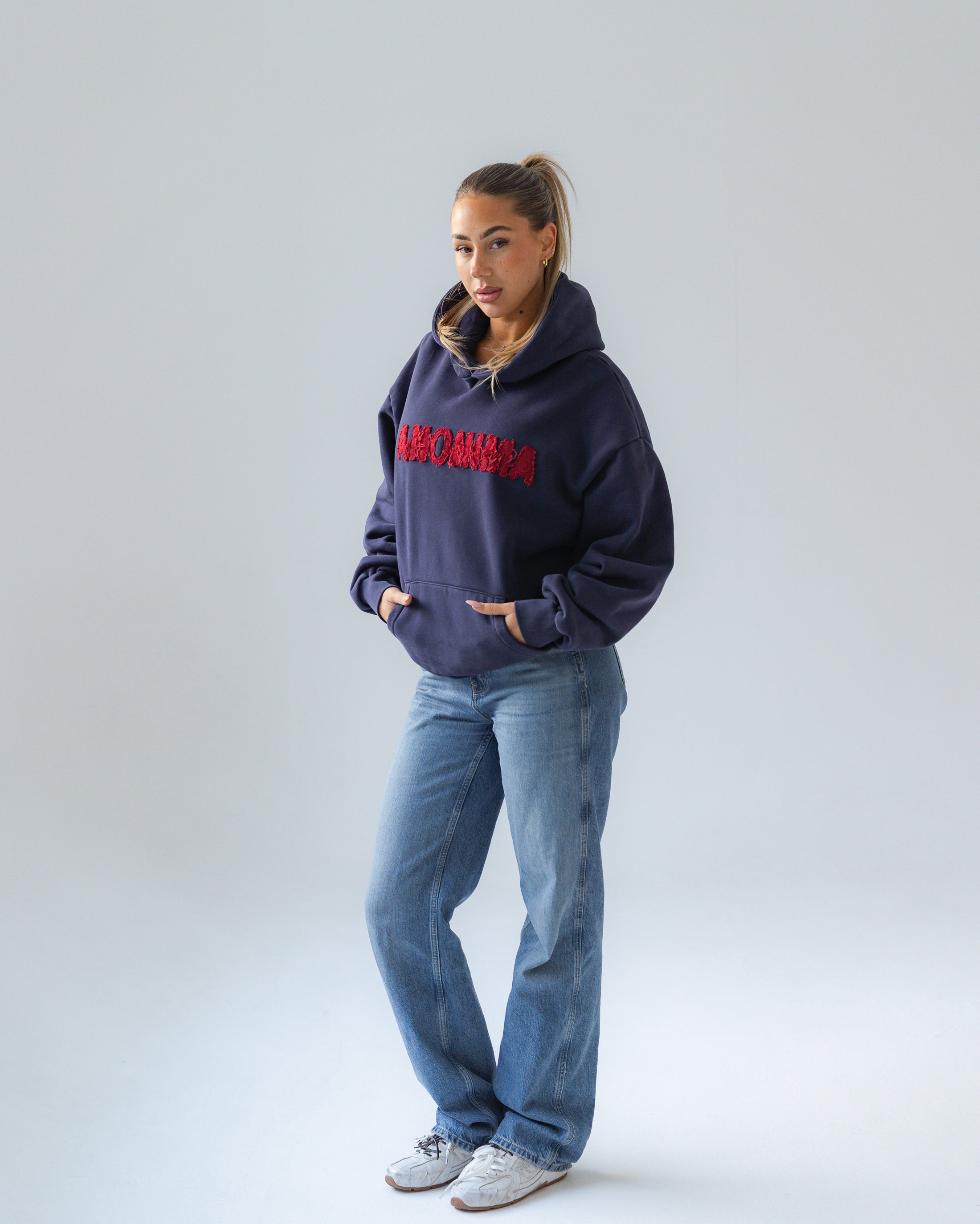 Navy Blue Anonima Hoodie with red appliquè