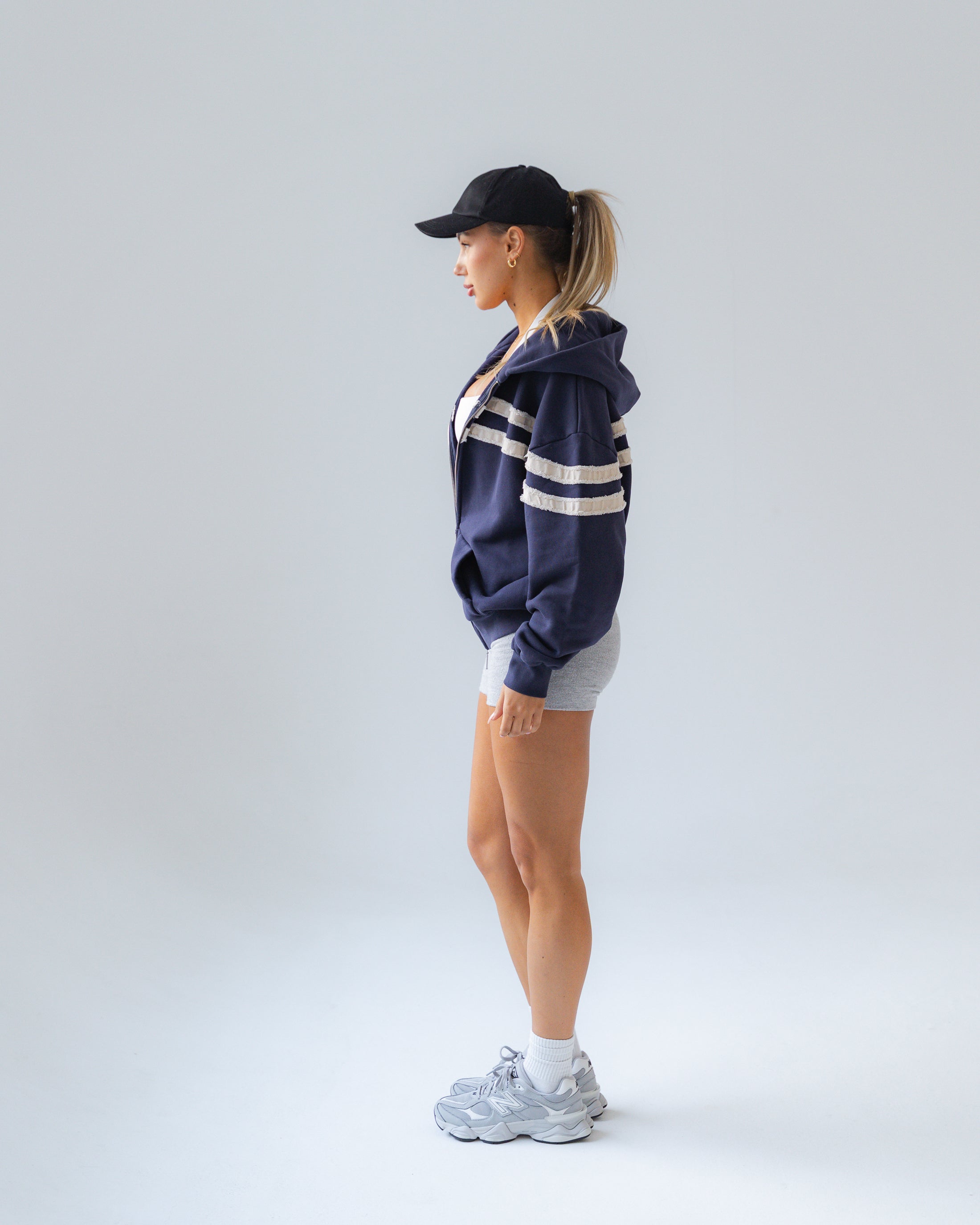 White Stripe on Midnight Blue Zip-up Hoodie