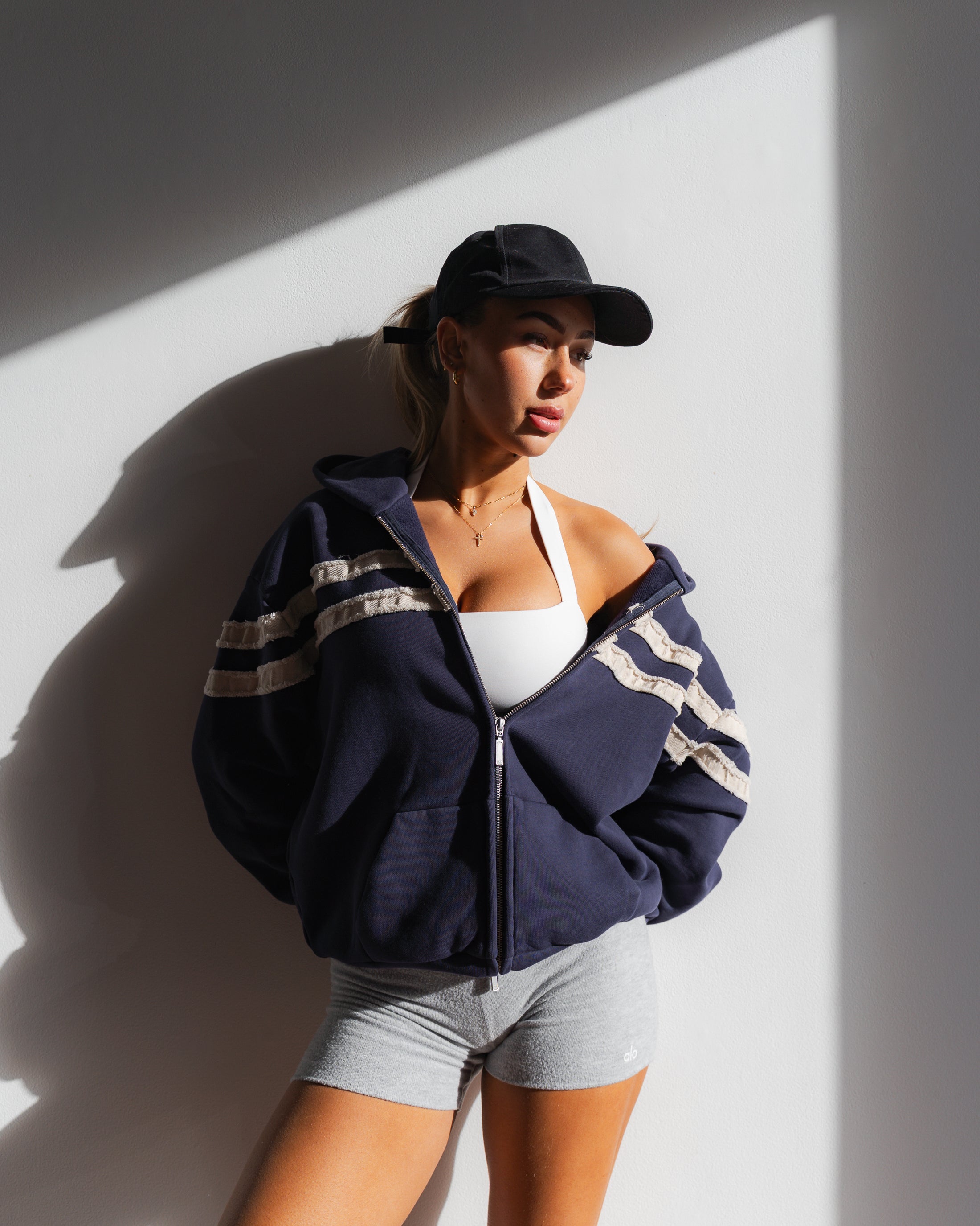 White Stripe on Midnight Blue Zip-up Hoodie