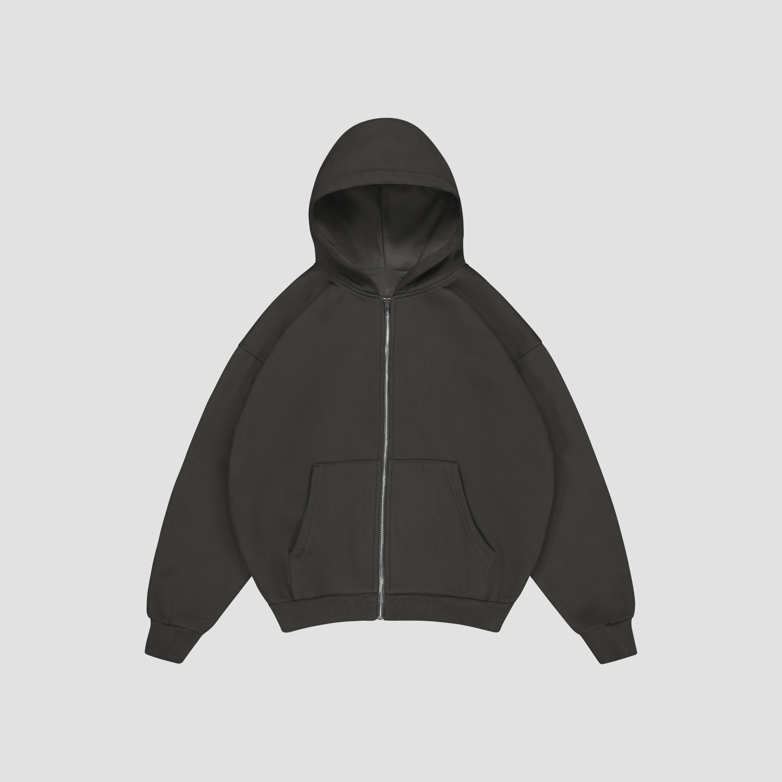 Dark gray hoodie with a zipper on a light gray background