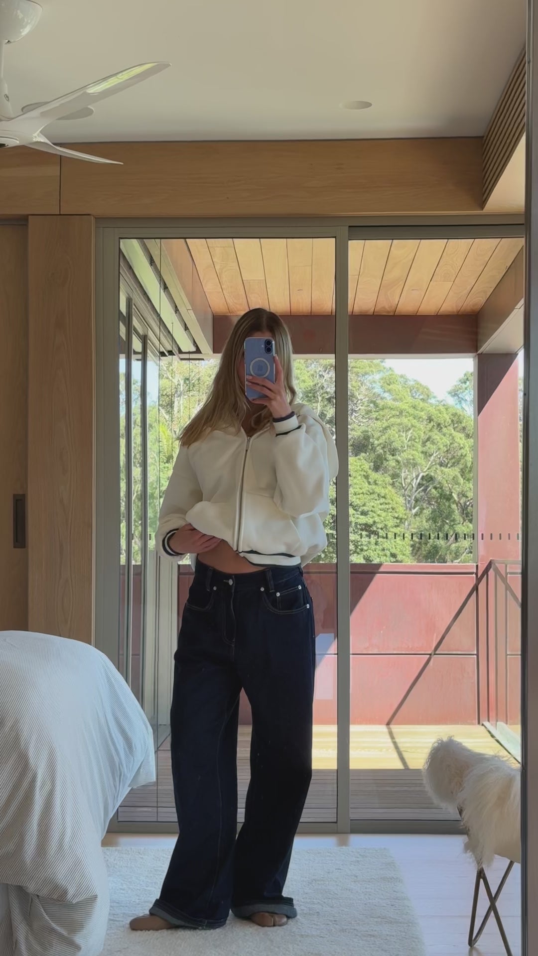 Anonima Zip-Up Hoodie - Ivory with Navy